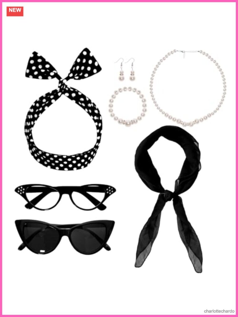 1950s Costume Accessory Set Cat Eye Glasses Pearl Jewelry Scarf